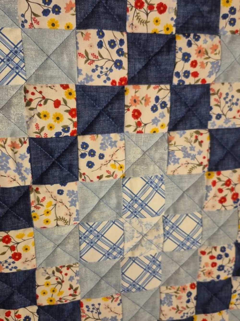 New Handmade Patchwork Floral Throw Quilt Blue Cottagecore 56.5” x 70”